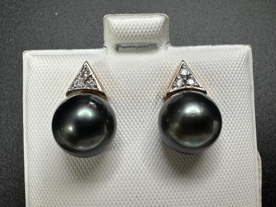 14k Gold (2) 9mm Tahitian Pearls With (6) 1mm Round Brilliant Diamonds Est. .05cttw 3.7g Retails $600 [Photo 4]