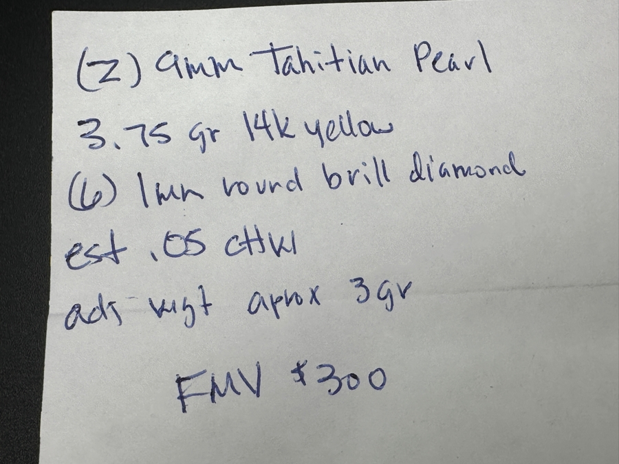 14k Gold (2) 9mm Tahitian Pearls With (6) 1mm Round Brilliant Diamonds Est. .05cttw 3.7g Retails $600 [Photo 7]