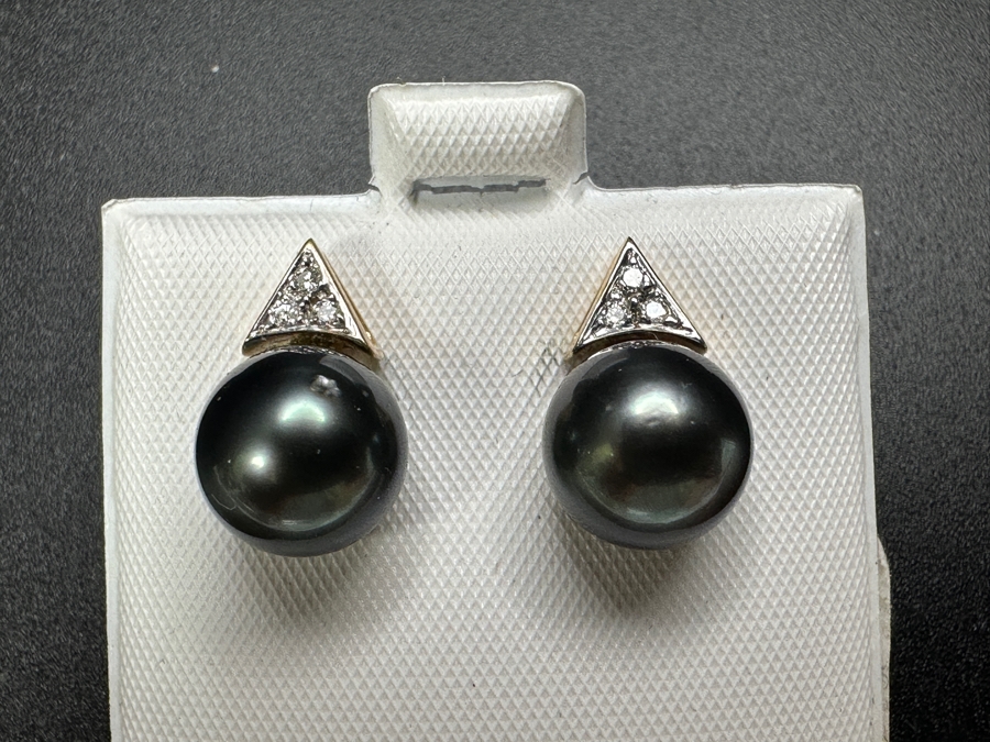 14k Gold (2) 9mm Tahitian Pearls With (6) 1mm Round Brilliant Diamonds Est. .05cttw 3.7g Retails $600 [Photo 3]