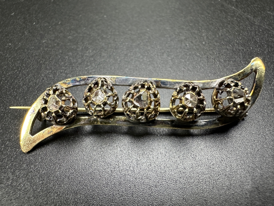14k Gold Pin Brooch With (5) Primitive Rose Cut Diamonds Est. .25cttw 7.7g Retails $1,600 [Photo 3]