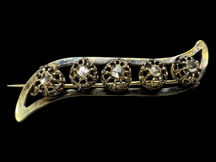14k Gold Pin Brooch With (5) Primitive Rose Cut Diamonds Est. .25cttw 7.7g Retails $1,600 [Photo 1]