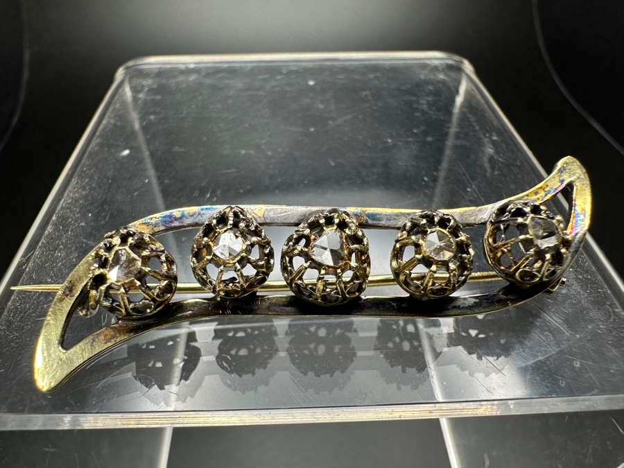 14k Gold Pin Brooch With (5) Primitive Rose Cut Diamonds Est. .25cttw 7.7g Retails $1,600 [Photo 2]