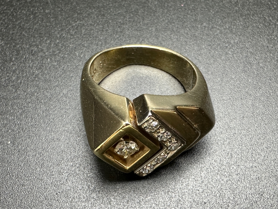 14k Gold Men's Diamond Ring With (1) 3.2mm Round Brilliant Diamond .12ct & (5) 1.5mm Round Brilliant Diamonds .075cttw Size 9.75 19.2g Retails $4,200 [Photo 10]