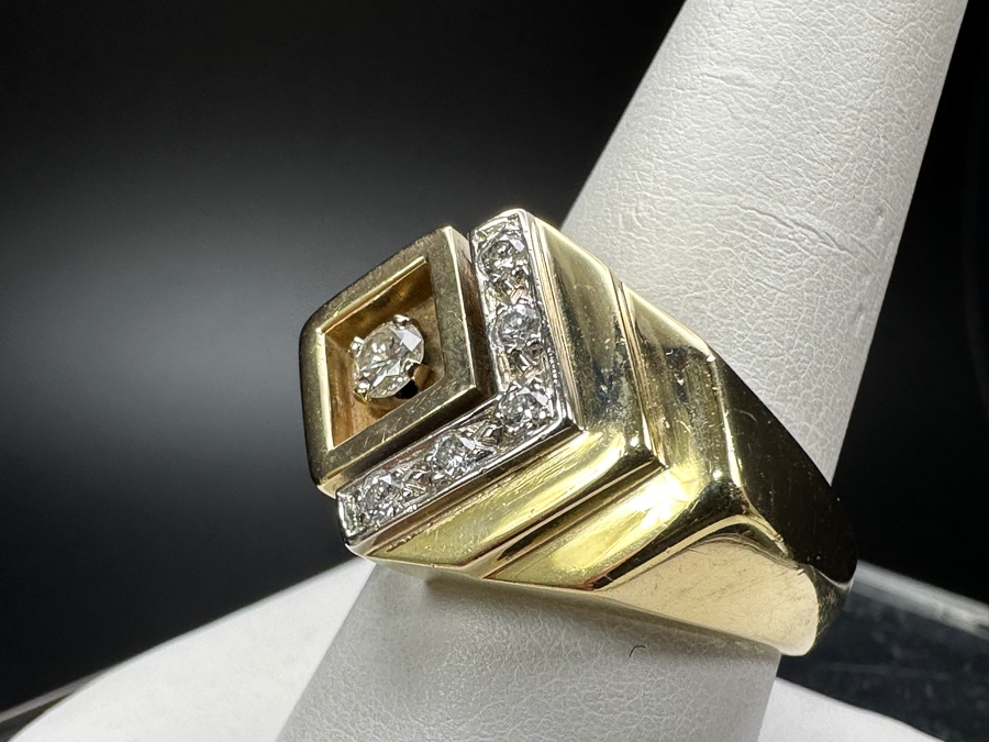 14k Gold Men's Diamond Ring With (1) 3.2mm Round Brilliant Diamond .12ct & (5) 1.5mm Round Brilliant Diamonds .075cttw Size 9.75 19.2g Retails $4,200 [Photo 3]