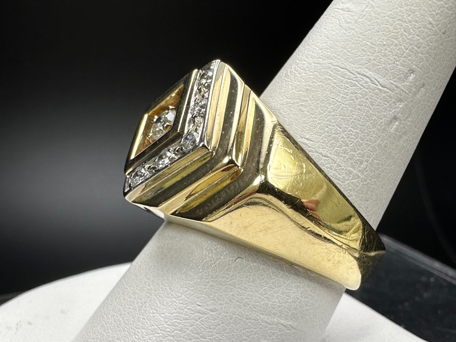 14k Gold Men's Diamond Ring With (1) 3.2mm Round Brilliant Diamond .12ct & (5) 1.5mm Round Brilliant Diamonds .075cttw Size 9.75 19.2g Retails $4,200 [Photo 5]