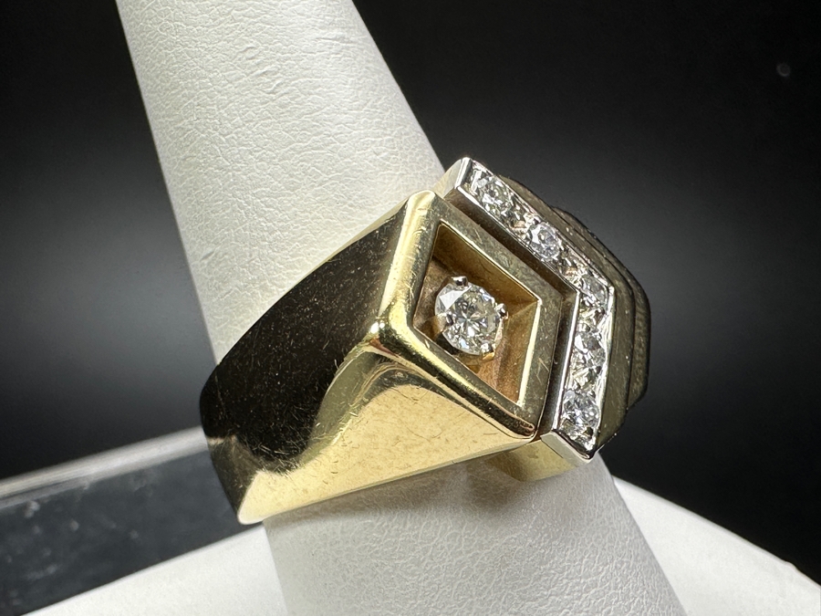 14k Gold Men's Diamond Ring With (1) 3.2mm Round Brilliant Diamond .12ct & (5) 1.5mm Round Brilliant Diamonds .075cttw Size 9.75 19.2g Retails $4,200 [Photo 6]