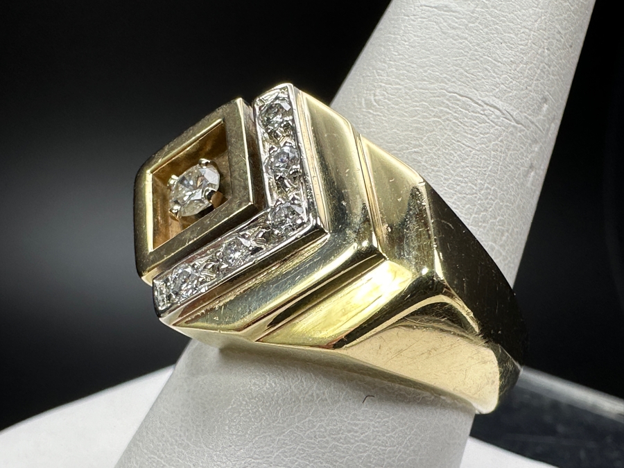 14k Gold Men's Diamond Ring With (1) 3.2mm Round Brilliant Diamond .12ct & (5) 1.5mm Round Brilliant Diamonds .075cttw Size 9.75 19.2g Retails $4,200 [Photo 4]