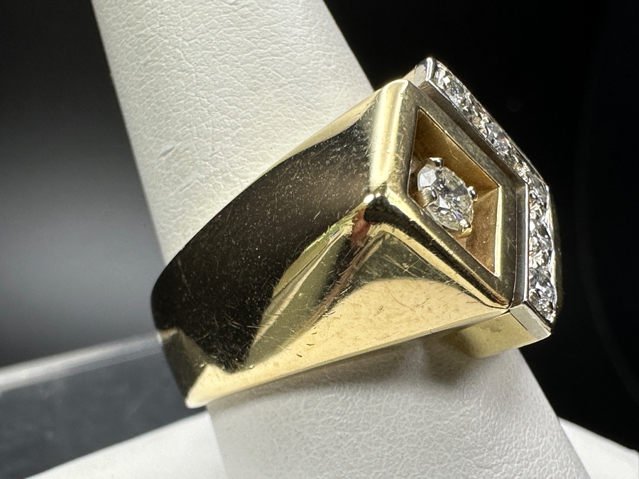 14k Gold Men's Diamond Ring With (1) 3.2mm Round Brilliant Diamond .12ct & (5) 1.5mm Round Brilliant Diamonds .075cttw Size 9.75 19.2g Retails $4,200 [Photo 7]