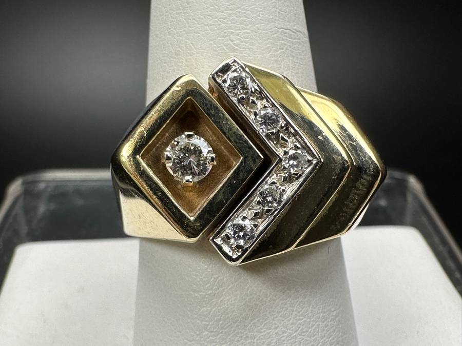 14k Gold Men's Diamond Ring With (1) 3.2mm Round Brilliant Diamond .12ct & (5) 1.5mm Round Brilliant Diamonds .075cttw Size 9.75 19.2g Retails $4,200 [Photo 2]