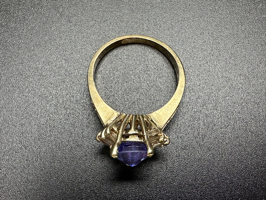 14k Gold Ring With 8x6mm Trillion Shield Cut Tanzanite Est. 1ct & (10) 2-2.5mm x 1mm Baguette Diamonds Est. .15cttw Size 6.5 3.3g Retails $900 [Photo 11]