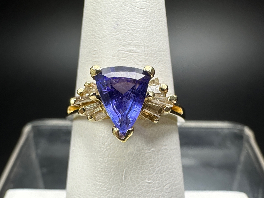 14k Gold Ring With 8x6mm Trillion Shield Cut Tanzanite Est. 1ct & (10) 2-2.5mm x 1mm Baguette Diamonds Est. .15cttw Size 6.5 3.3g Retails $900 [Photo 2]