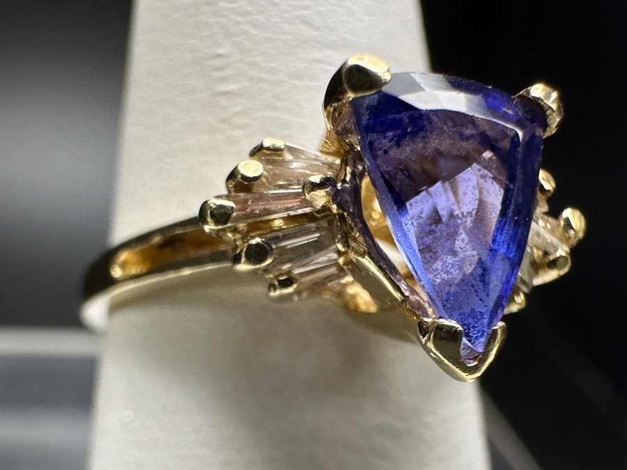 14k Gold Ring With 8x6mm Trillion Shield Cut Tanzanite Est. 1ct & (10) 2-2.5mm x 1mm Baguette Diamonds Est. .15cttw Size 6.5 3.3g Retails $900 [Photo 5]