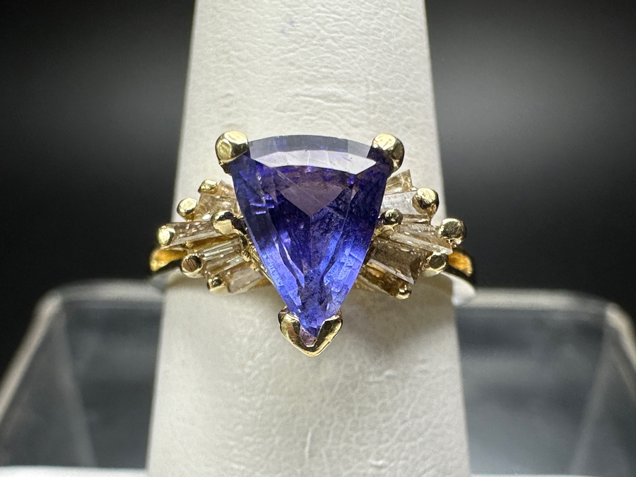 14k Gold Ring With 8x6mm Trillion Shield Cut Tanzanite Est. 1ct & (10) 2-2.5mm x 1mm Baguette Diamonds Est. .15cttw Size 6.5 3.3g Retails $900 [Photo 3]