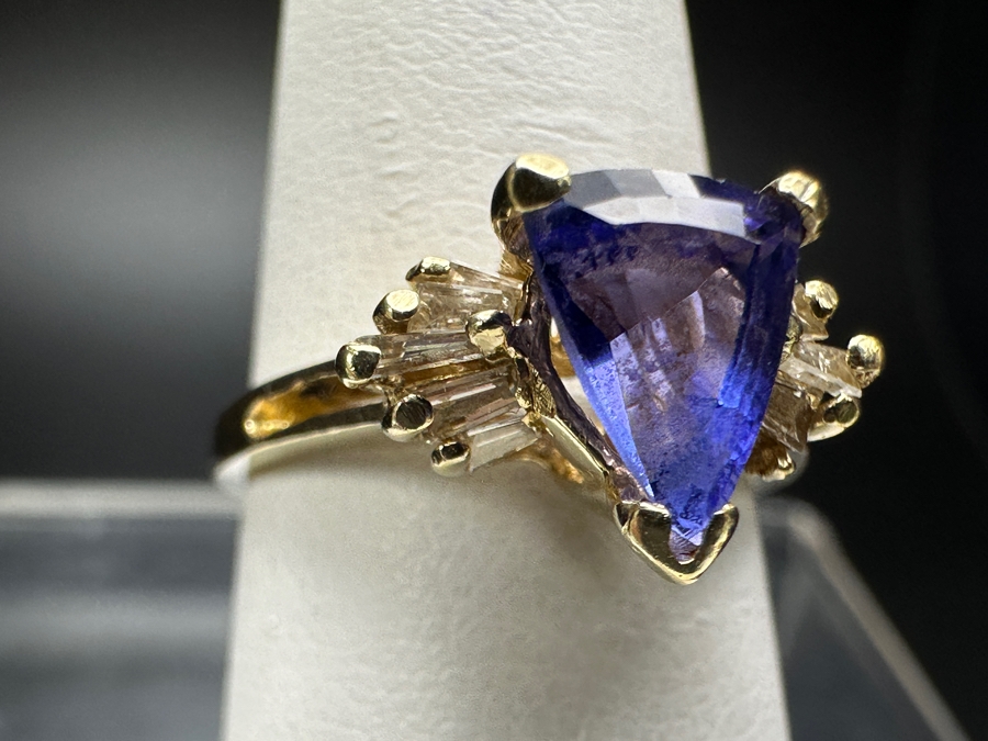 14k Gold Ring With 8x6mm Trillion Shield Cut Tanzanite Est. 1ct & (10) 2-2.5mm x 1mm Baguette Diamonds Est. .15cttw Size 6.5 3.3g Retails $900 [Photo 4]