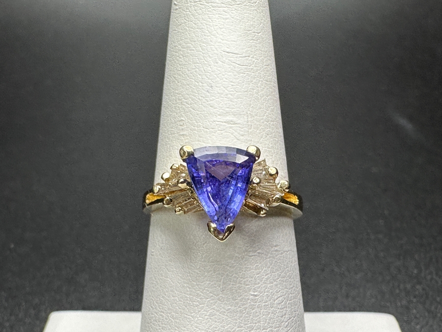 14k Gold Ring With 8x6mm Trillion Shield Cut Tanzanite Est. 1ct & (10) 2-2.5mm x 1mm Baguette Diamonds Est. .15cttw Size 6.5 3.3g Retails $900 [Photo 8]