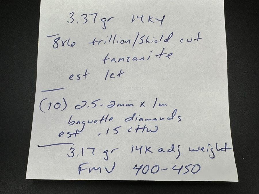14k Gold Ring With 8x6mm Trillion Shield Cut Tanzanite Est. 1ct & (10) 2-2.5mm x 1mm Baguette Diamonds Est. .15cttw Size 6.5 3.3g Retails $900 [Photo 15]