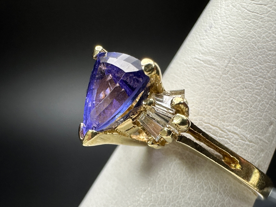 14k Gold Ring With 8x6mm Trillion Shield Cut Tanzanite Est. 1ct & (10) 2-2.5mm x 1mm Baguette Diamonds Est. .15cttw Size 6.5 3.3g Retails $900 [Photo 6]