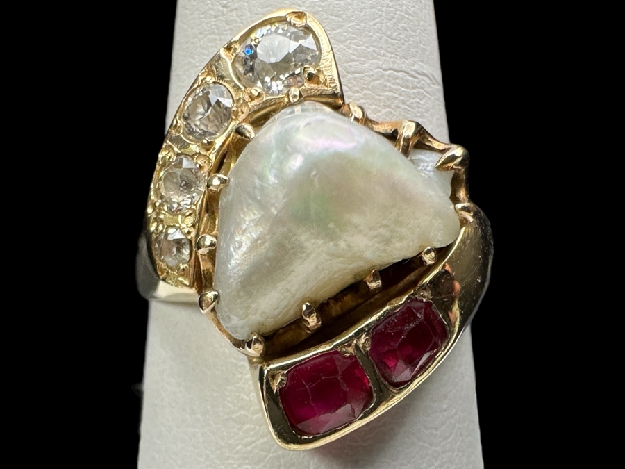 14k Gold Ring With (4) European Cut Diamonds Ranging In Size From 3.8mm-1.5mm Est. .40cttw, Freeform Baroque Pearl & (2) 3.8x3mm Rubies Ruby Size 8.25 7.3g Retails $1,800 [Photo 1]