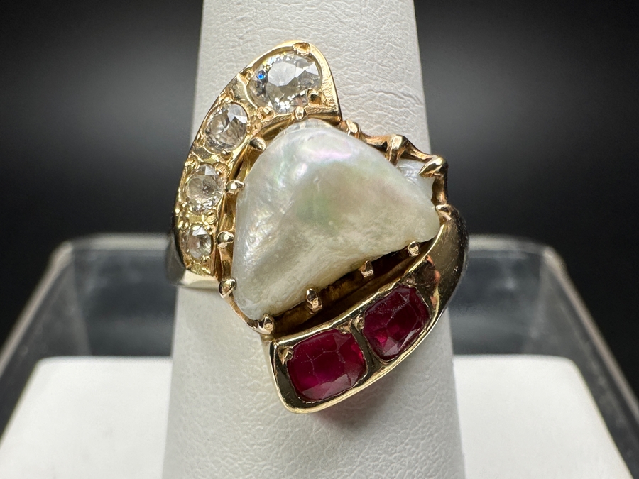 14k Gold Ring With (4) European Cut Diamonds Ranging In Size From 3.8mm-1.5mm Est. .40cttw, Freeform Baroque Pearl & (2) 3.8x3mm Rubies Ruby Size 8.25 7.3g Retails $1,800 [Photo 2]