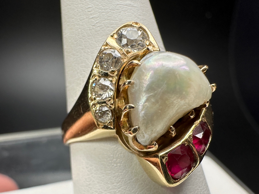 14k Gold Ring With (4) European Cut Diamonds Ranging In Size From 3.8mm-1.5mm Est. .40cttw, Freeform Baroque Pearl & (2) 3.8x3mm Rubies Ruby Size 8.25 7.3g Retails $1,800 [Photo 3]