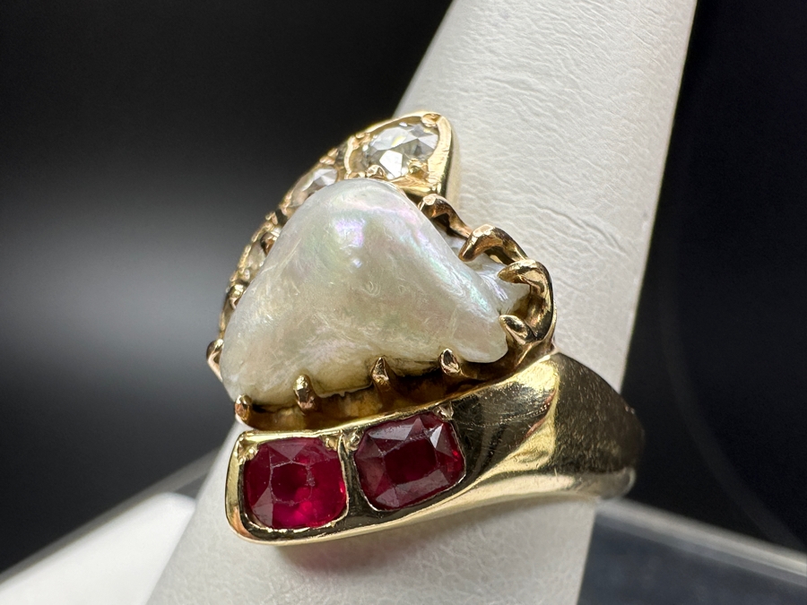 14k Gold Ring With (4) European Cut Diamonds Ranging In Size From 3.8mm-1.5mm Est. .40cttw, Freeform Baroque Pearl & (2) 3.8x3mm Rubies Ruby Size 8.25 7.3g Retails $1,800 [Photo 5]