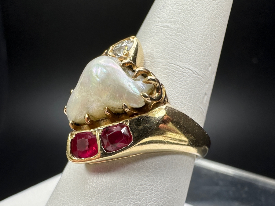 14k Gold Ring With (4) European Cut Diamonds Ranging In Size From 3.8mm-1.5mm Est. .40cttw, Freeform Baroque Pearl & (2) 3.8x3mm Rubies Ruby Size 8.25 7.3g Retails $1,800 [Photo 6]