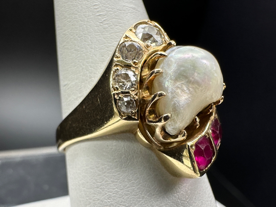 14k Gold Ring With (4) European Cut Diamonds Ranging In Size From 3.8mm-1.5mm Est. .40cttw, Freeform Baroque Pearl & (2) 3.8x3mm Rubies Ruby Size 8.25 7.3g Retails $1,800 [Photo 4]