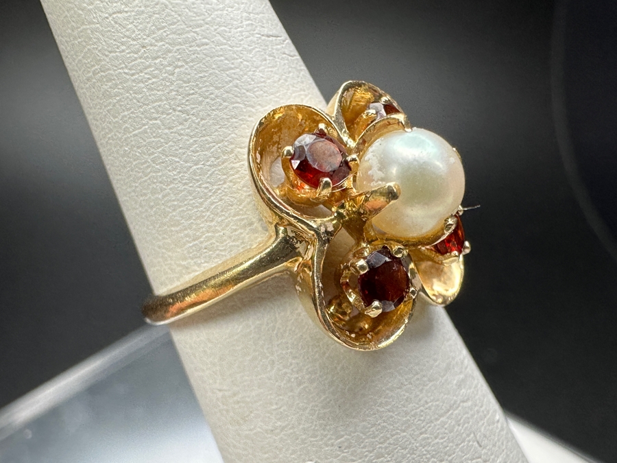 14k Gold Ring With 5mm Cultured Pearl & (4) 3mm Mozambique Garnets Size 5 3.7g Retails $800 [Photo 4]