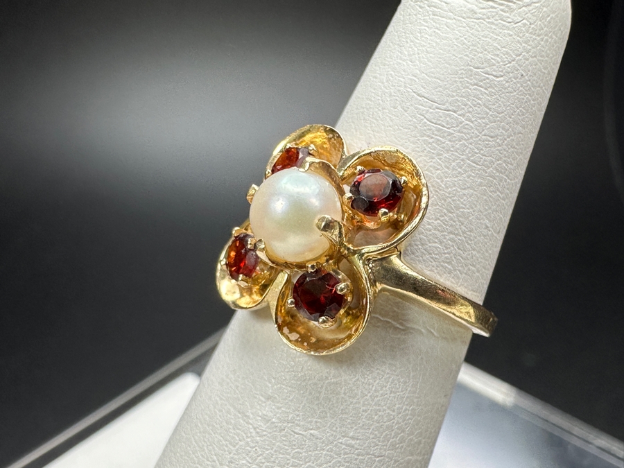 14k Gold Ring With 5mm Cultured Pearl & (4) 3mm Mozambique Garnets Size 5 3.7g Retails $800 [Photo 5]