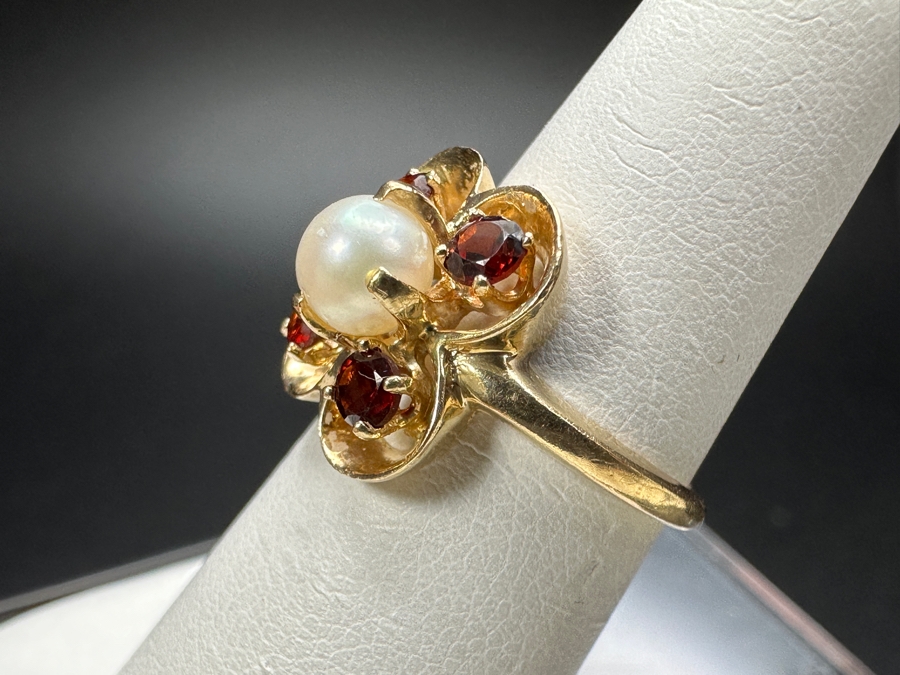 14k Gold Ring With 5mm Cultured Pearl & (4) 3mm Mozambique Garnets Size 5 3.7g Retails $800 [Photo 6]