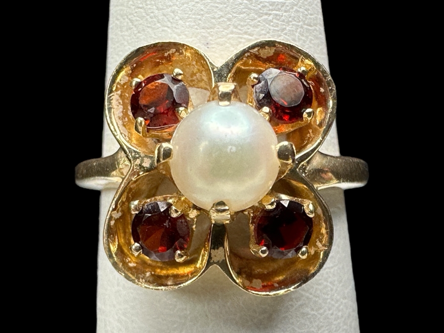 14k Gold Ring With 5mm Cultured Pearl & (4) 3mm Mozambique Garnets Size 5 3.7g Retails $800 [Photo 1]