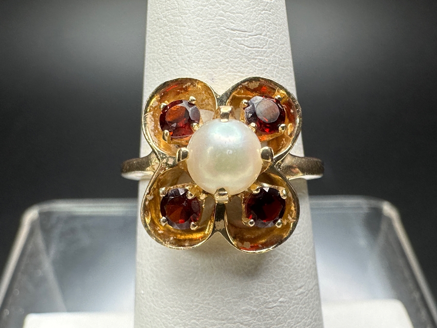 14k Gold Ring With 5mm Cultured Pearl & (4) 3mm Mozambique Garnets Size 5 3.7g Retails $800 [Photo 2]
