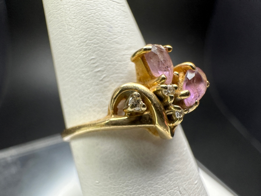 14k Gold Ring With (2) 5x2.5mm Pear Shape Amethyst & (3) .005ct Single Cut Diamonds Size 6.25 2.6g Retails $600 [Photo 3]