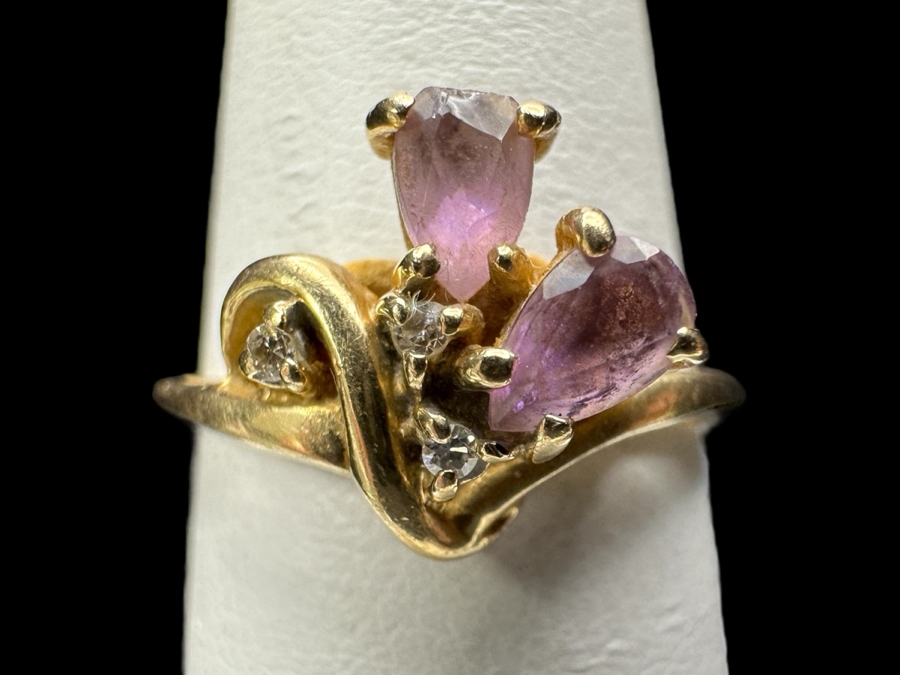 14k Gold Ring With (2) 5x2.5mm Pear Shape Amethyst & (3) .005ct Single Cut Diamonds Size 6.25 2.6g Retails $600