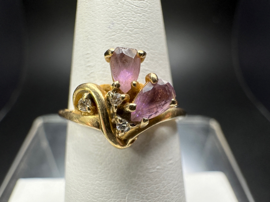 14k Gold Ring With (2) 5x2.5mm Pear Shape Amethyst & (3) .005ct Single Cut Diamonds Size 6.25 2.6g Retails $600 [Photo 2]