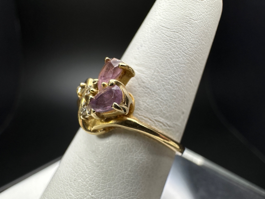 14k Gold Ring With (2) 5x2.5mm Pear Shape Amethyst & (3) .005ct Single Cut Diamonds Size 6.25 2.6g Retails $600 [Photo 5]