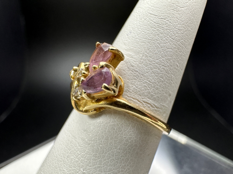14k Gold Ring With (2) 5x2.5mm Pear Shape Amethyst & (3) .005ct Single Cut Diamonds Size 6.25 2.6g Retails $600 [Photo 4]
