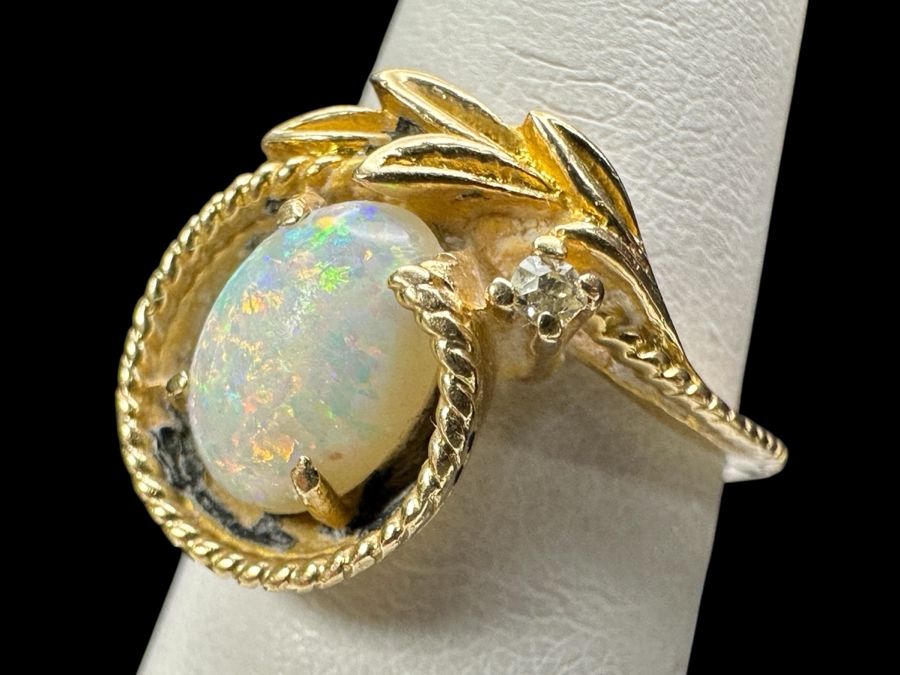 14k Gold Opal Ring With 8x6mm Cabochon White Opal Size 4.75 3.5g Retails $800