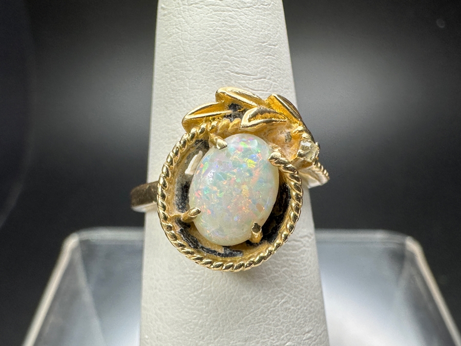 14k Gold Opal Ring With 8x6mm Cabochon White Opal Size 4.75 3.5g Retails $800 [Photo 2]