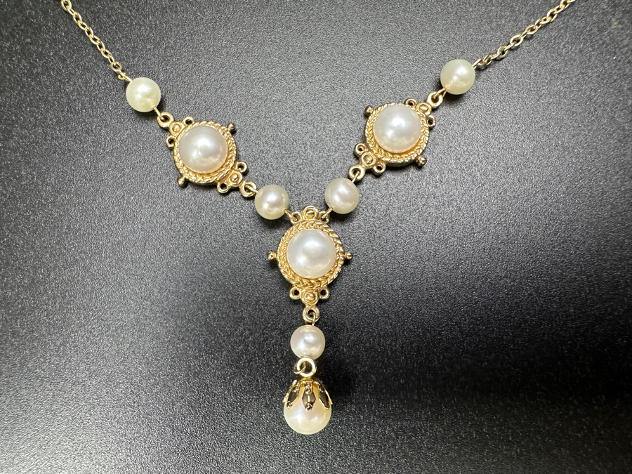 14k Gold Pearl Pendant 17' Necklace With (3) 6.5mm Potato Pearls, (5) 4.5mm Pearls & (1) 6mm Pearl 7.3g Retails $1,600 [Photo 5]