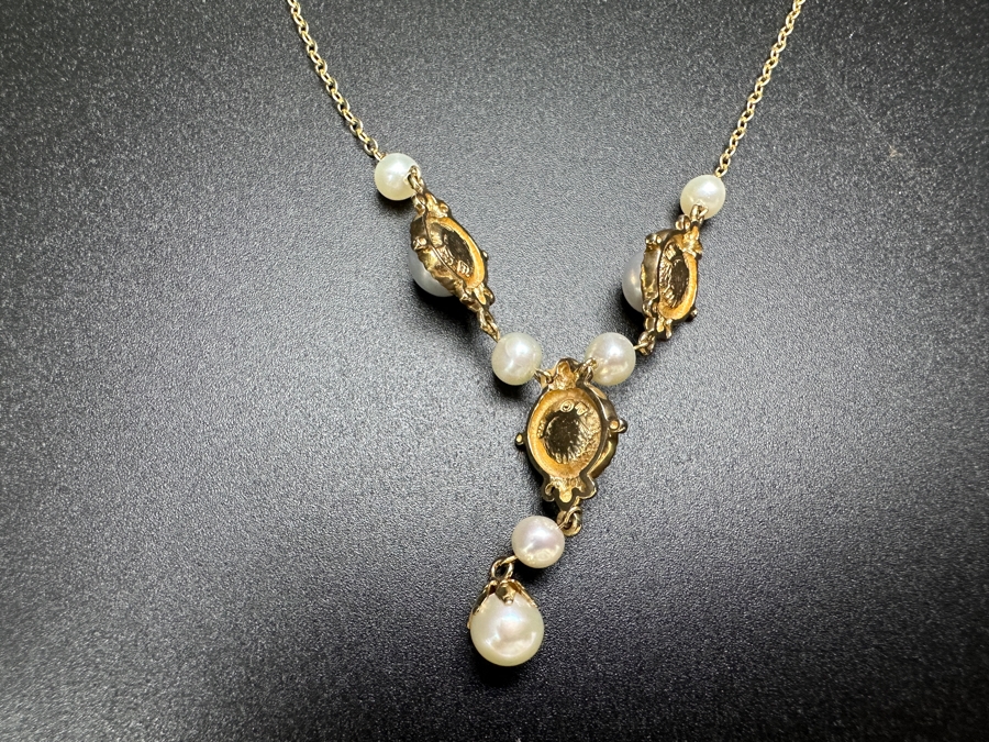14k Gold Pearl Pendant 17' Necklace With (3) 6.5mm Potato Pearls, (5) 4.5mm Pearls & (1) 6mm Pearl 7.3g Retails $1,600 [Photo 6]