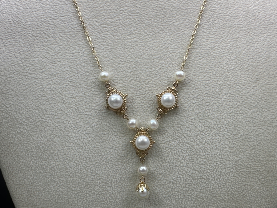 14k Gold Pearl Pendant 17' Necklace With (3) 6.5mm Potato Pearls, (5) 4.5mm Pearls & (1) 6mm Pearl 7.3g Retails $1,600 [Photo 3]