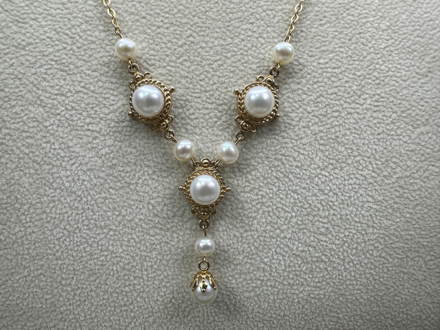 14k Gold Pearl Pendant 17' Necklace With (3) 6.5mm Potato Pearls, (5) 4.5mm Pearls & (1) 6mm Pearl 7.3g Retails $1,600 [Photo 4]