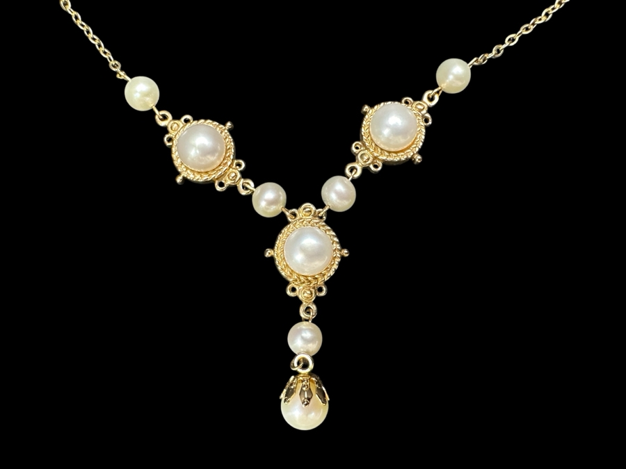 14k Gold Pearl Pendant 17' Necklace With (3) 6.5mm Potato Pearls, (5) 4.5mm Pearls & (1) 6mm Pearl 7.3g Retails $1,600 [Photo 2]