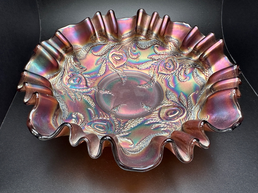 Fenton Art Glass Ruffle Rimmed Radium Bowl with Heart and Vine Pattern 8'W [Photo 2]