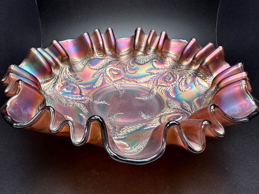 Fenton Art Glass Ruffle Rimmed Radium Bowl with Heart and Vine Pattern 8'W [Photo 3]