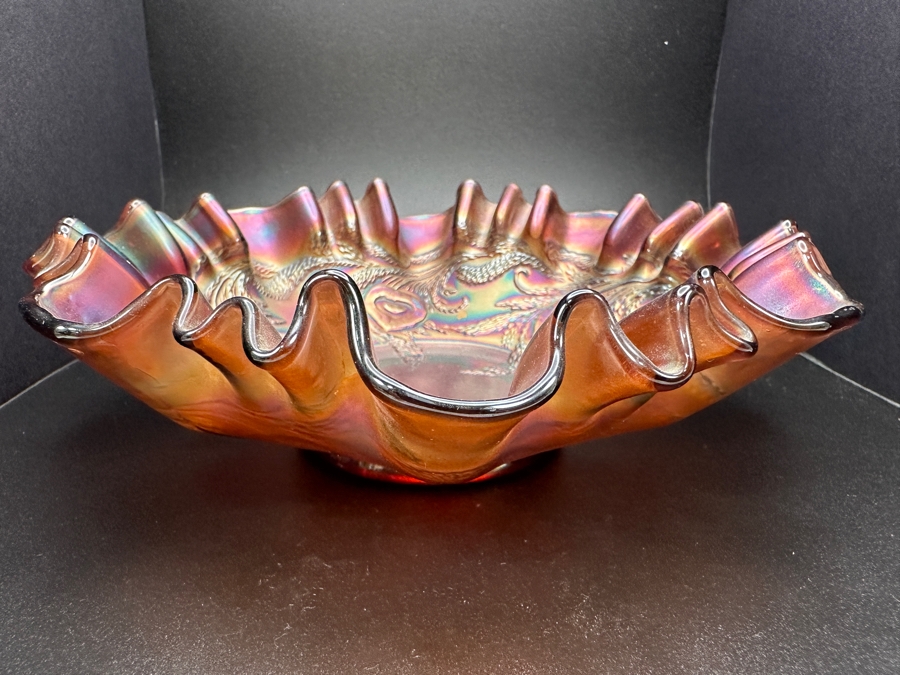 Fenton Art Glass Ruffle Rimmed Radium Bowl with Heart and Vine Pattern 8'W [Photo 4]