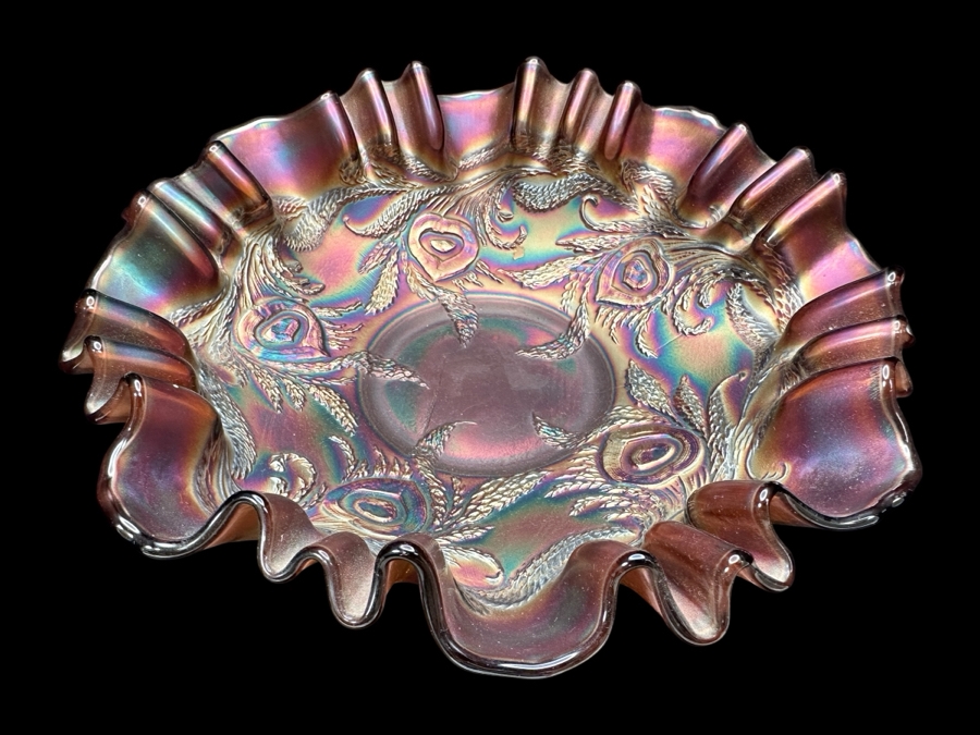 Fenton Art Glass Ruffle Rimmed Radium Bowl with Heart and Vine Pattern 8'W [Photo 1]