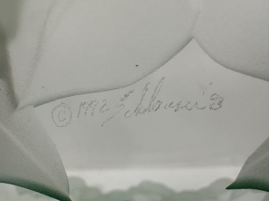 1993 Signed Stephen Schlanser Glass Chloe Bowl with Leaf Pattern (See Photos For Slight Chip On Inner Rim) 12'W x 5'H [Photo 9]