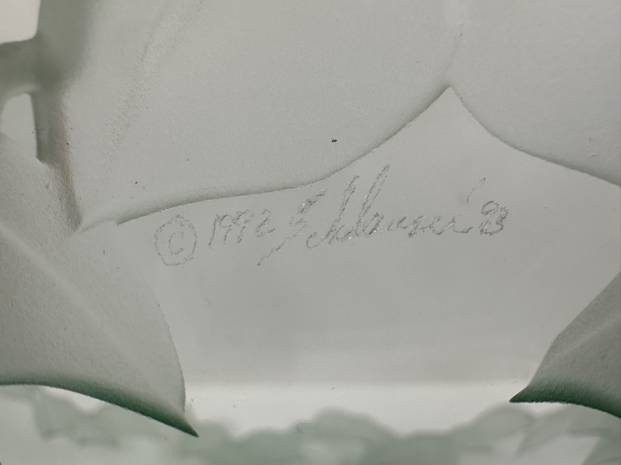 1993 Signed Stephen Schlanser Glass Chloe Bowl with Leaf Pattern (See Photos For Slight Chip On Inner Rim) 12'W x 5'H [Photo 7]